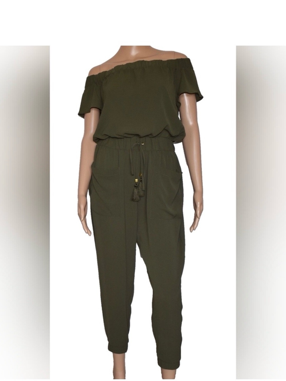 Michael Kors Olive Green Off-Shoulder Jumpsuit with Tassel Tie